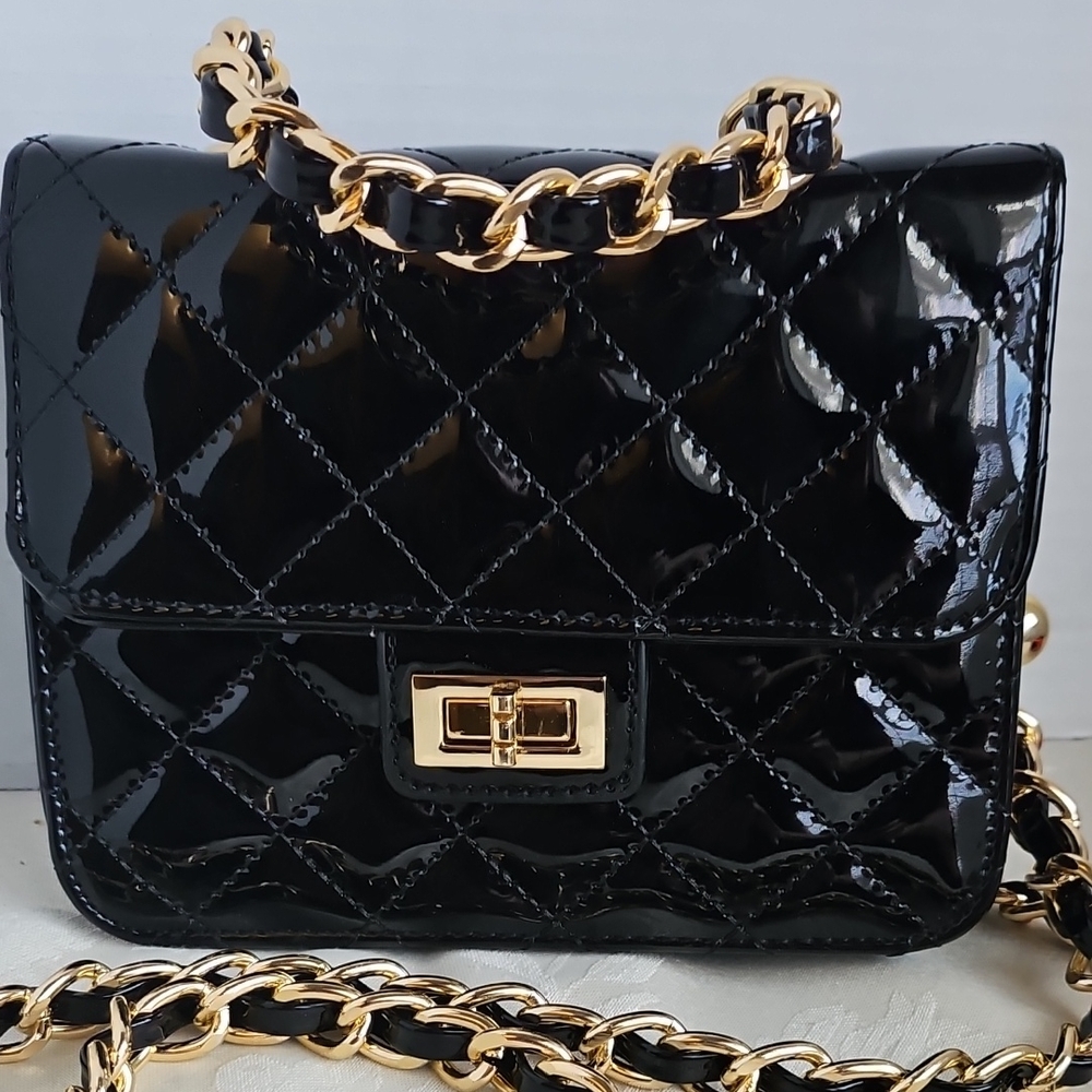 Black Patent Faux Leather Quilted Belt Bag